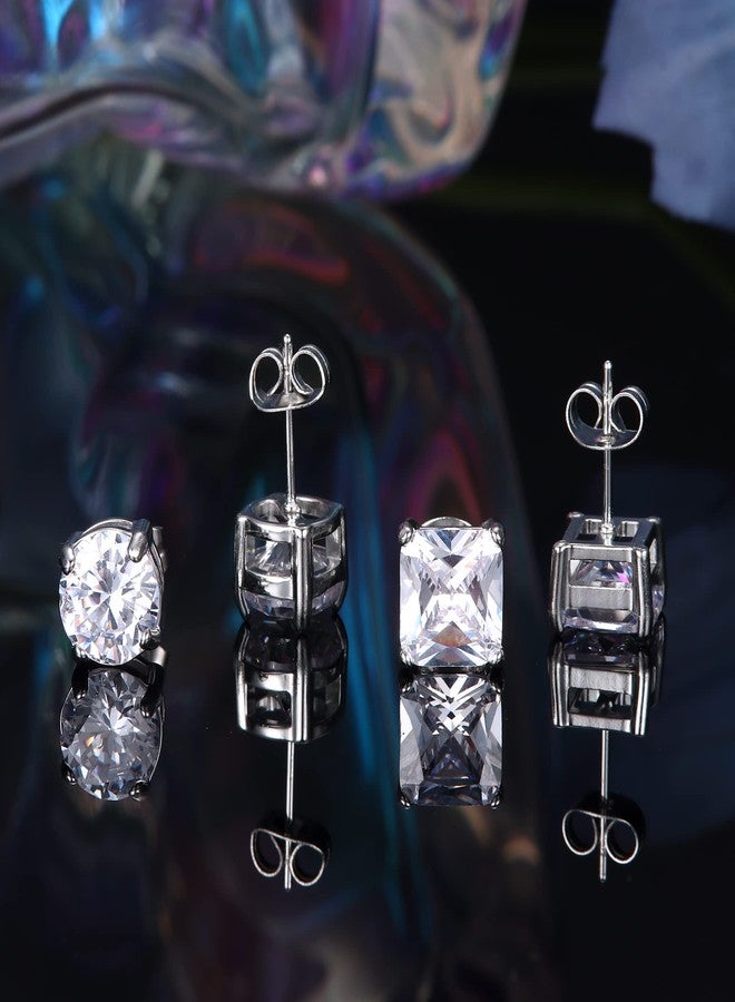SAILIMUE 6Pairs Stainless Steel Cubic Zirconia Stud Earrings for Women Men 18K White Gold Plated Brilliant Round Square Teardrop Simulated Diamond Halo Stud Earrings CZ Stud Earrings Set - Image 5